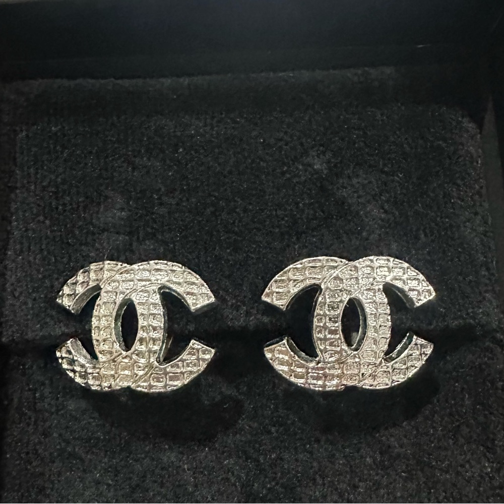CHANEL Silver Logo Earrings